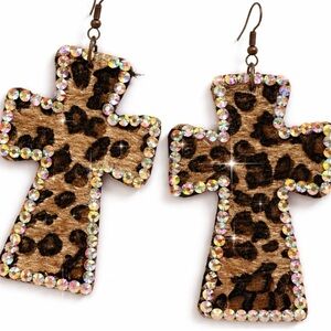 Leopard Print Cross Earrings with Rhinestones